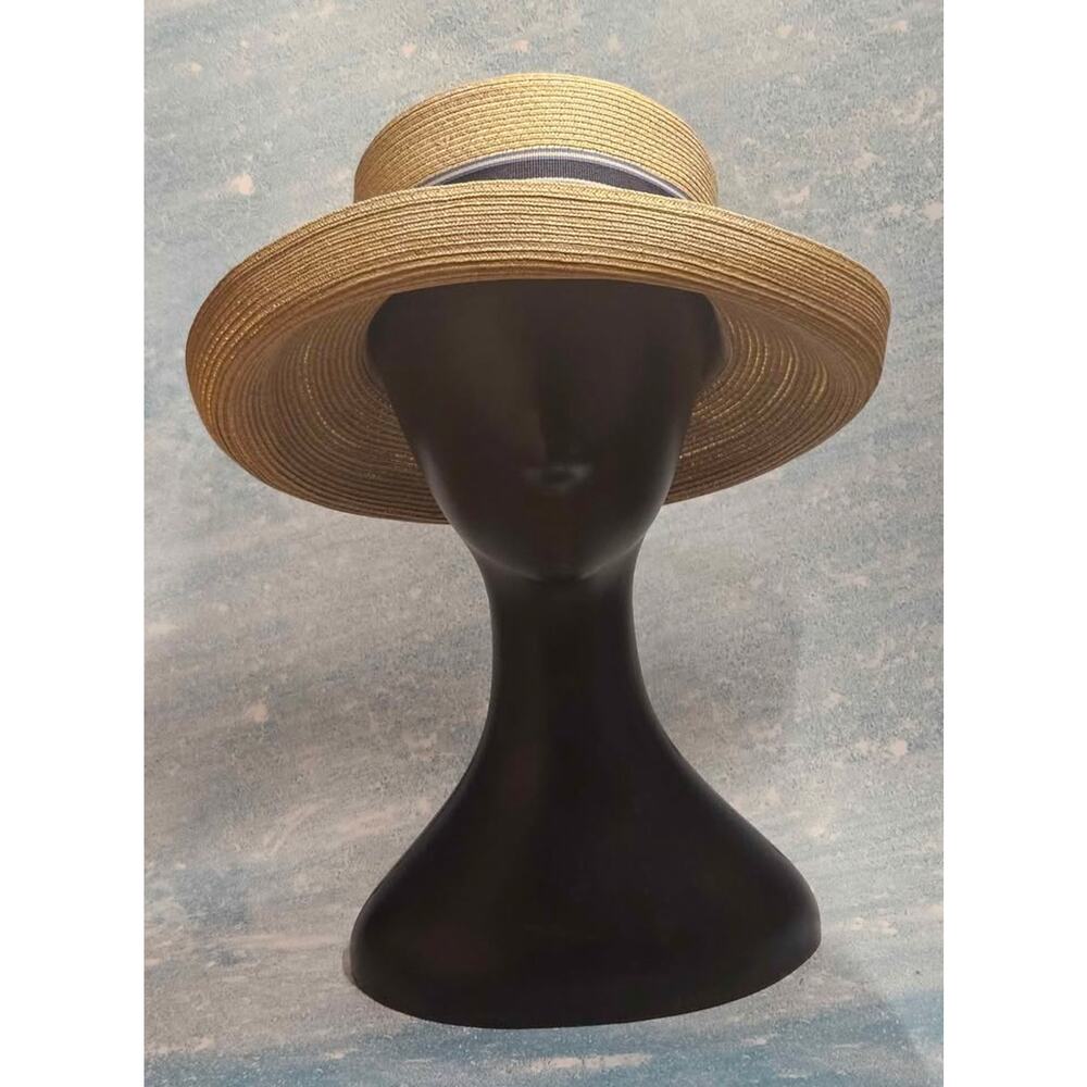 🎀 Kate Lord Straw Pork Pie Hat with Blue & White Striped Ribbon